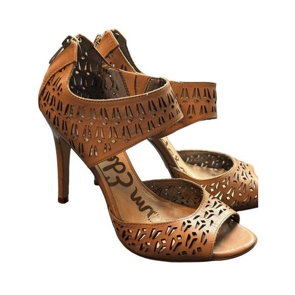 Sam Edelman Alva Tan Leather Peep-Toe Heeled Sandals Size 7.5 Zipper Closure Cut - Picture 12 of 13